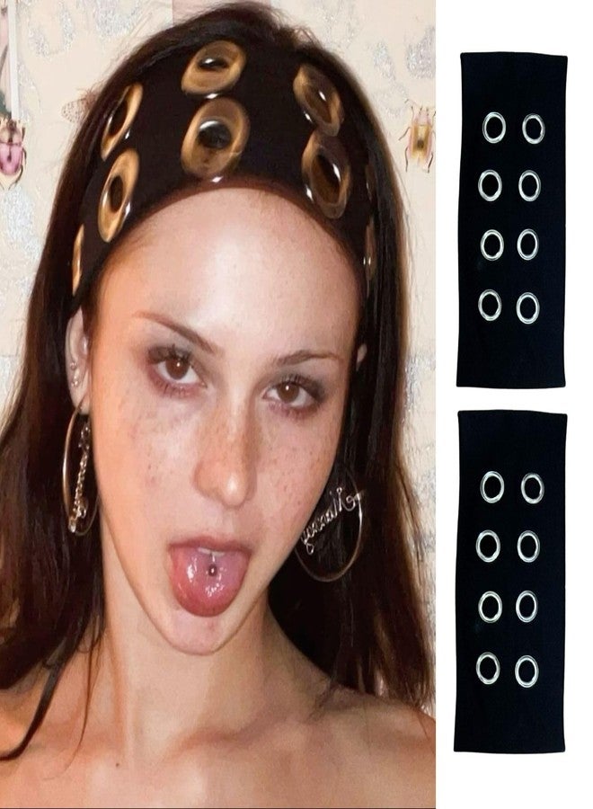 Juglok Grommet Eyelet Headband with Holes for Women, Stretch Punk Y2K Headband, Gothic Rock Hair Accessories for Streetwear & Y2K Accessories (Black-2pcs, Average) - Image 1